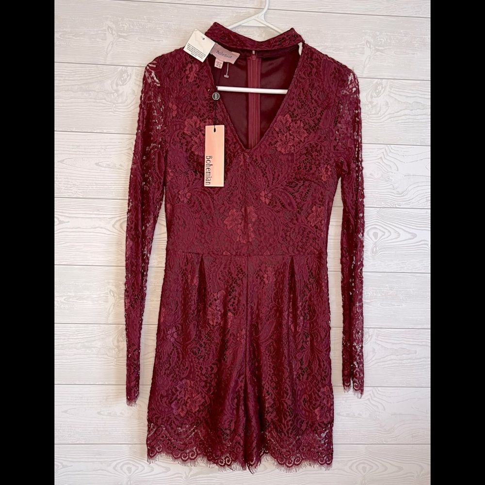 Bohemian wine lace romper with choker neck, Size US 6